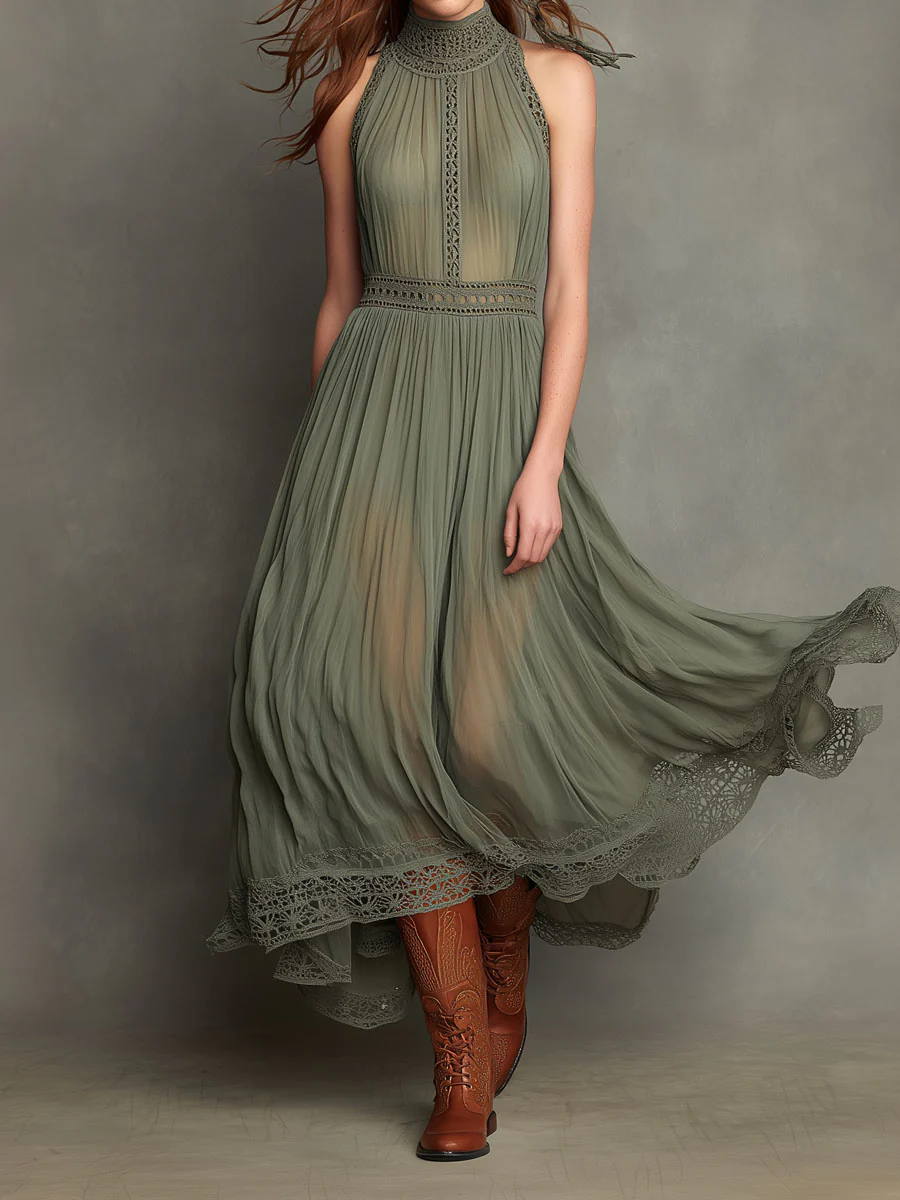 Elegant Sage Green High-Neck Pleated Lace Maxi Dress