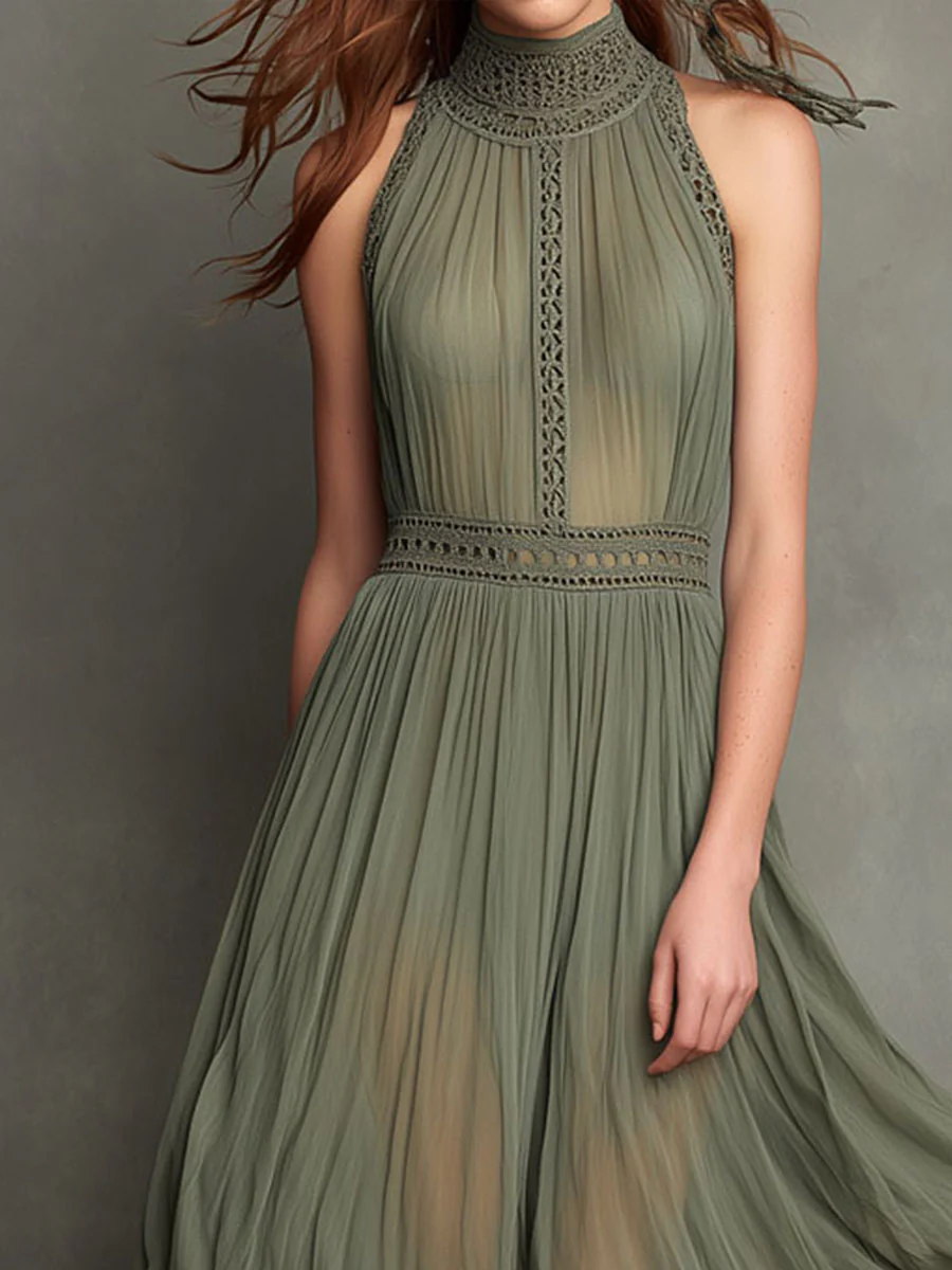 Elegant Sage Green High-Neck Pleated Lace Maxi Dress - Image 2
