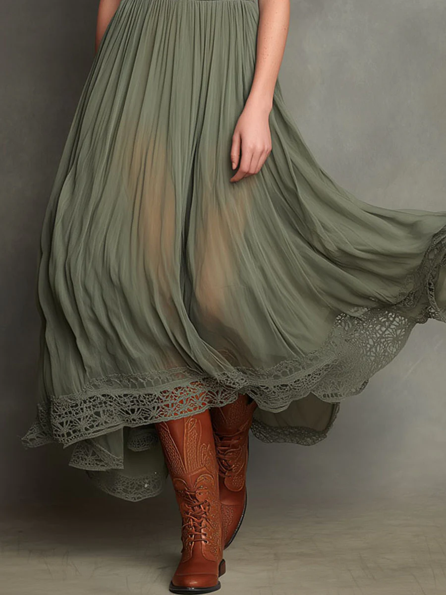 Elegant Sage Green High-Neck Pleated Lace Maxi Dress - Image 3
