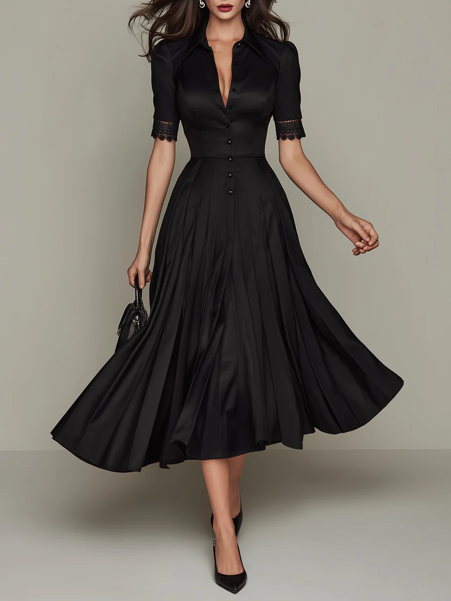 Elegant Satin Pleated Midi Dress With Lace Trim