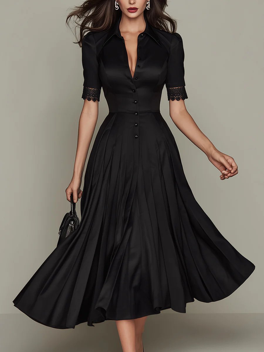 Elegant Satin Pleated Midi Dress With Lace Trim - Image 2
