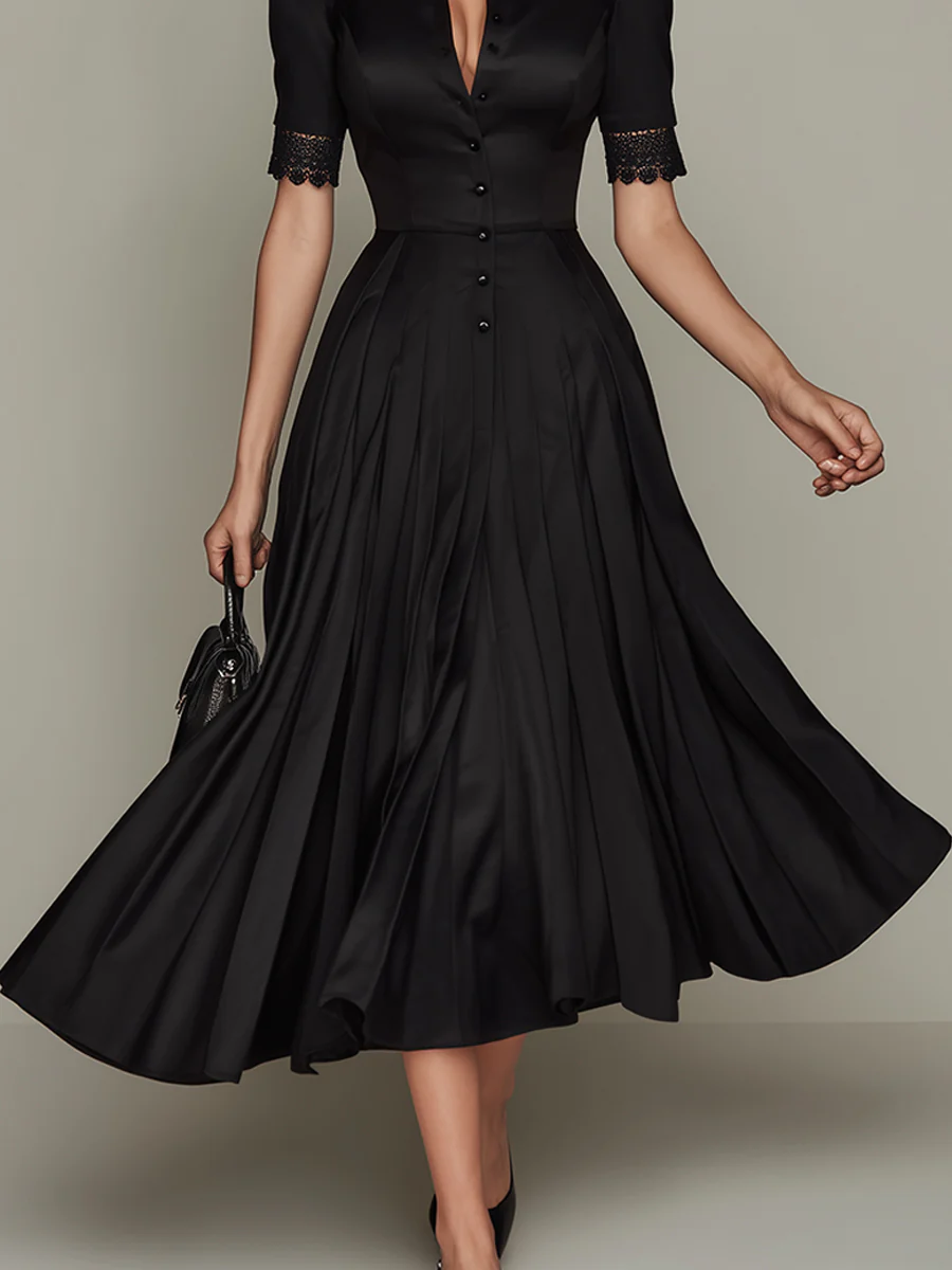 Elegant Satin Pleated Midi Dress With Lace Trim - Image 3