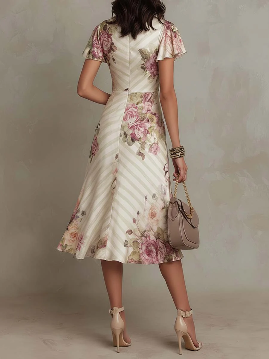 Elegant Vintage Floral Chiffon Midi Dress - Image 3