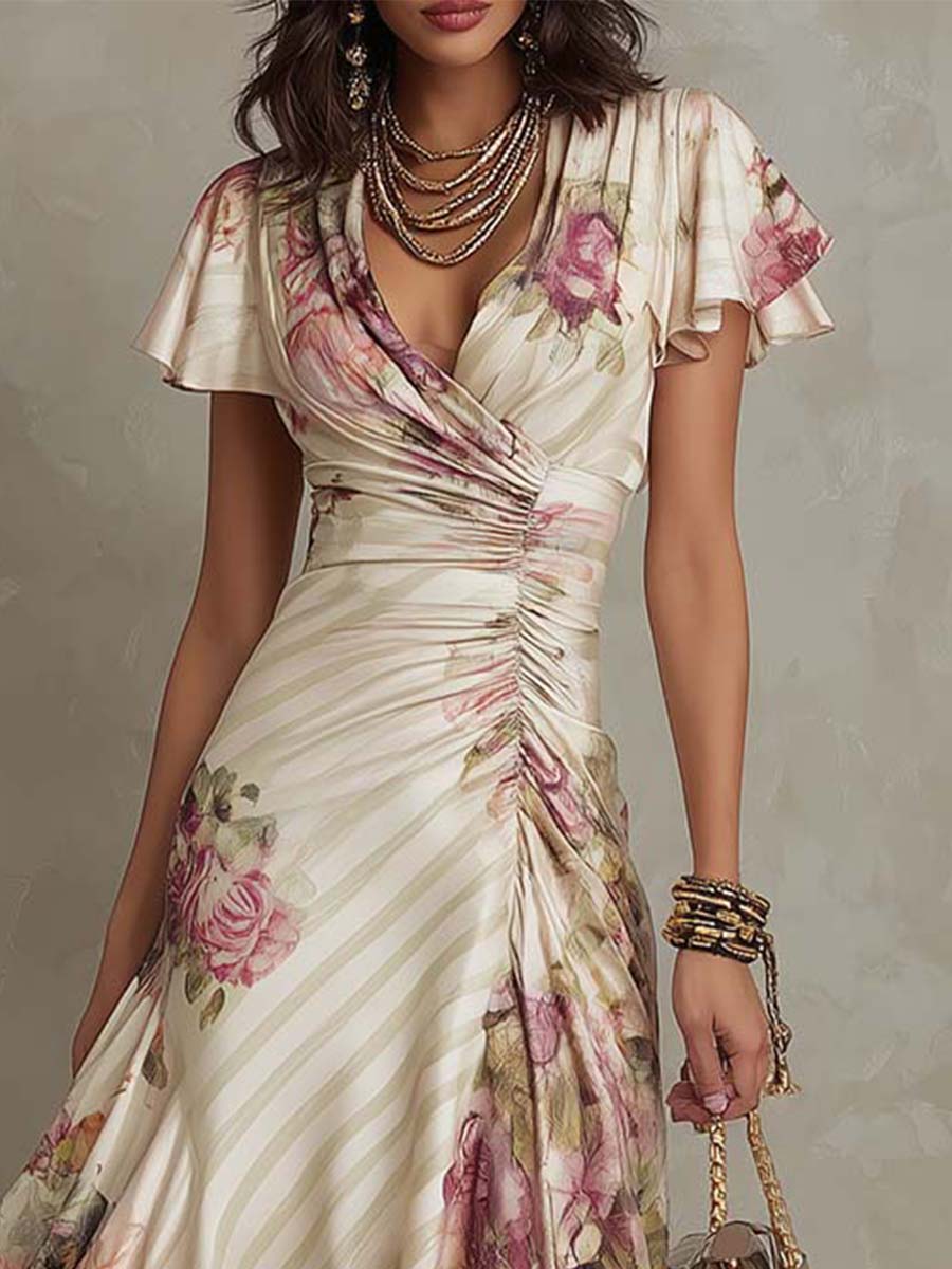 Elegant Vintage Floral Chiffon Midi Dress - Image 4