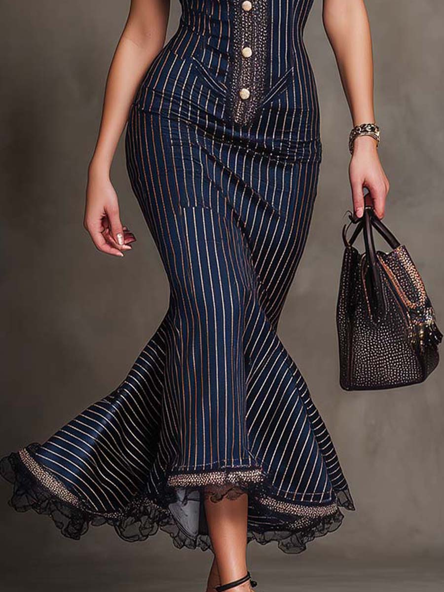 Elegant Vintage Pinstripe Lace Trim Midi Dress - Image 4