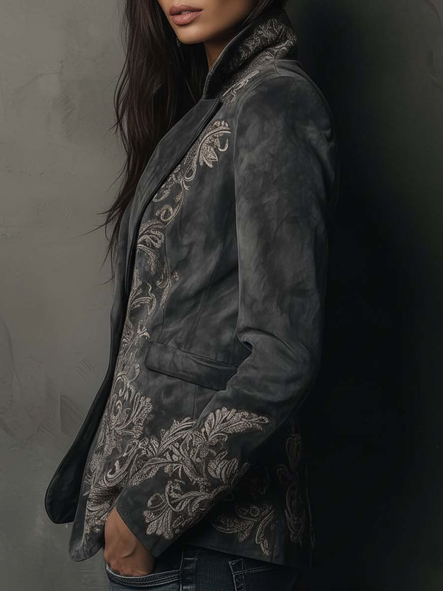 Embossed Floral Eco-Suede Blazer In Charcoal Taupe - Image 2