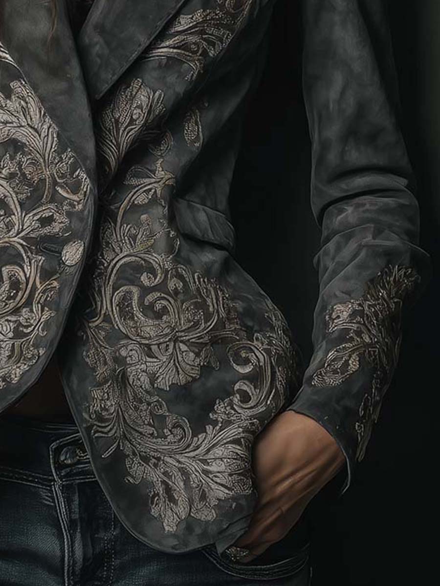 Embossed Floral Eco-Suede Blazer In Charcoal Taupe - Image 3