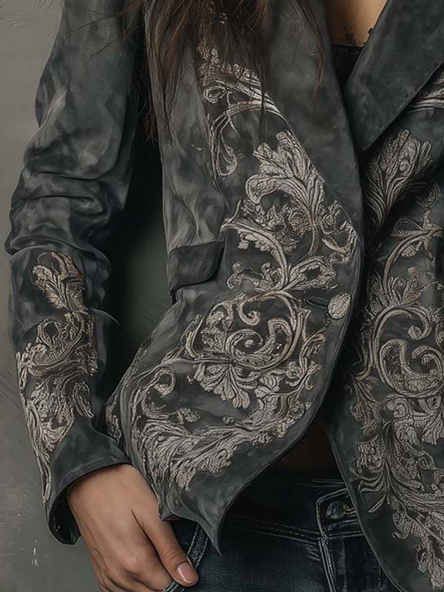 Embossed Floral Eco-Suede Blazer In Charcoal Taupe - Image 4
