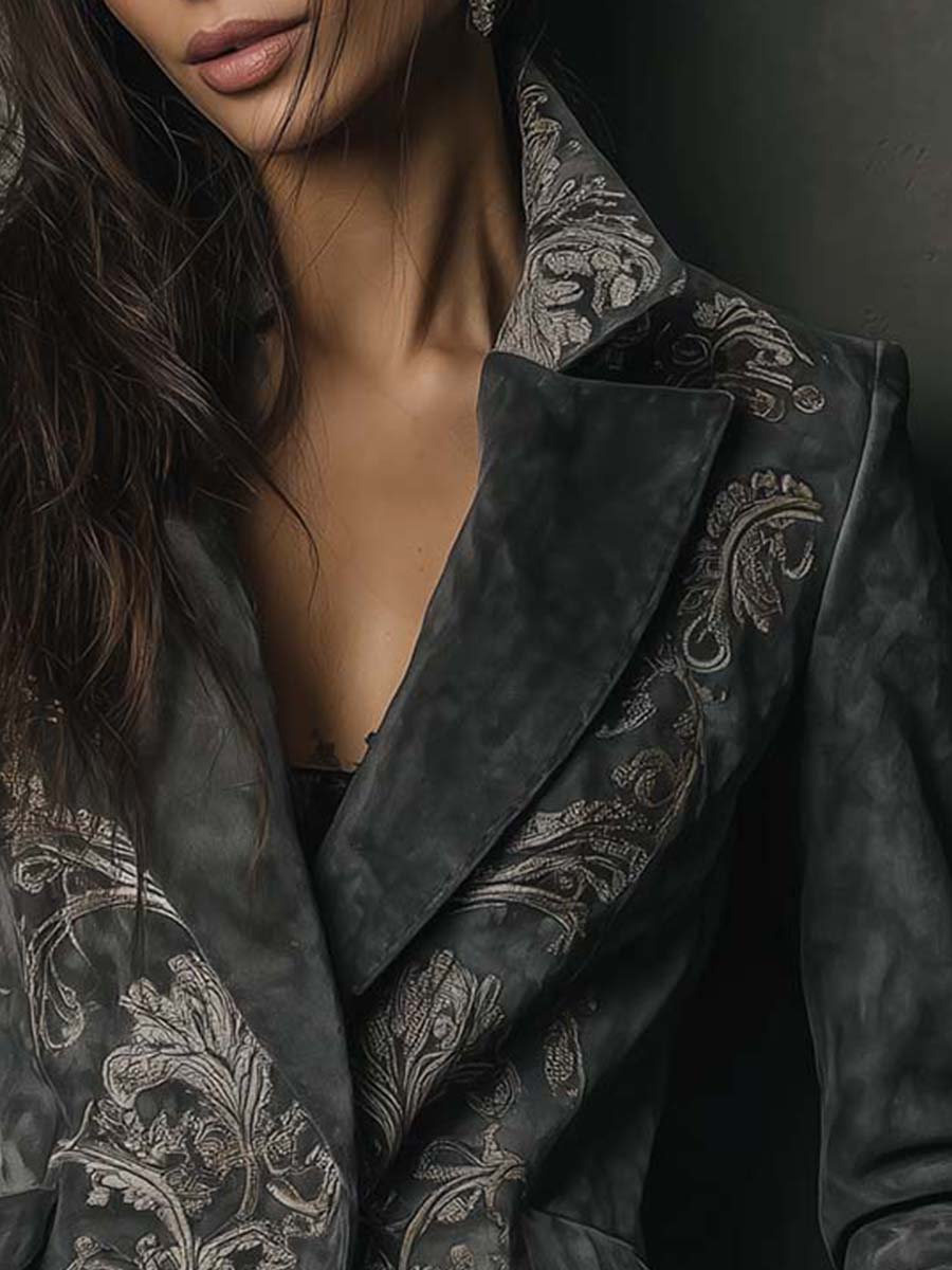 Embossed Floral Eco-Suede Blazer In Charcoal Taupe - Image 5