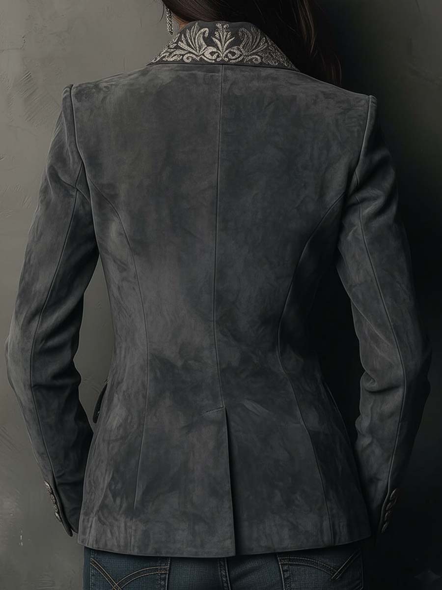 Embossed Floral Eco-Suede Blazer In Charcoal Taupe - Image 6