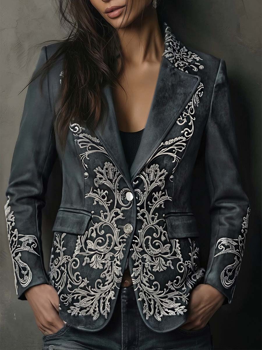 Embossed Floral Eco-Suede Blazer In Charcoal Taupe - Image 7