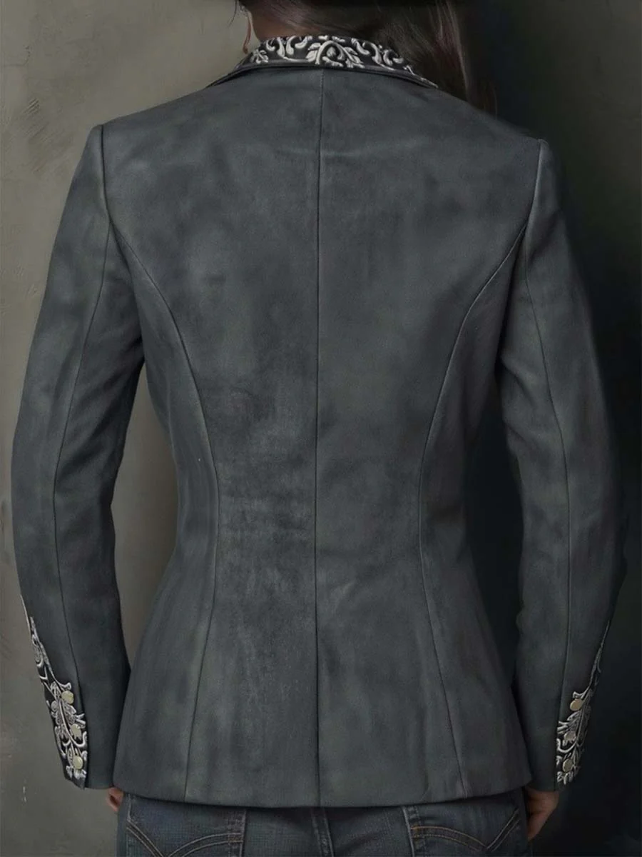 Embossed Floral Eco-Suede Blazer In Charcoal Taupe - Image 8