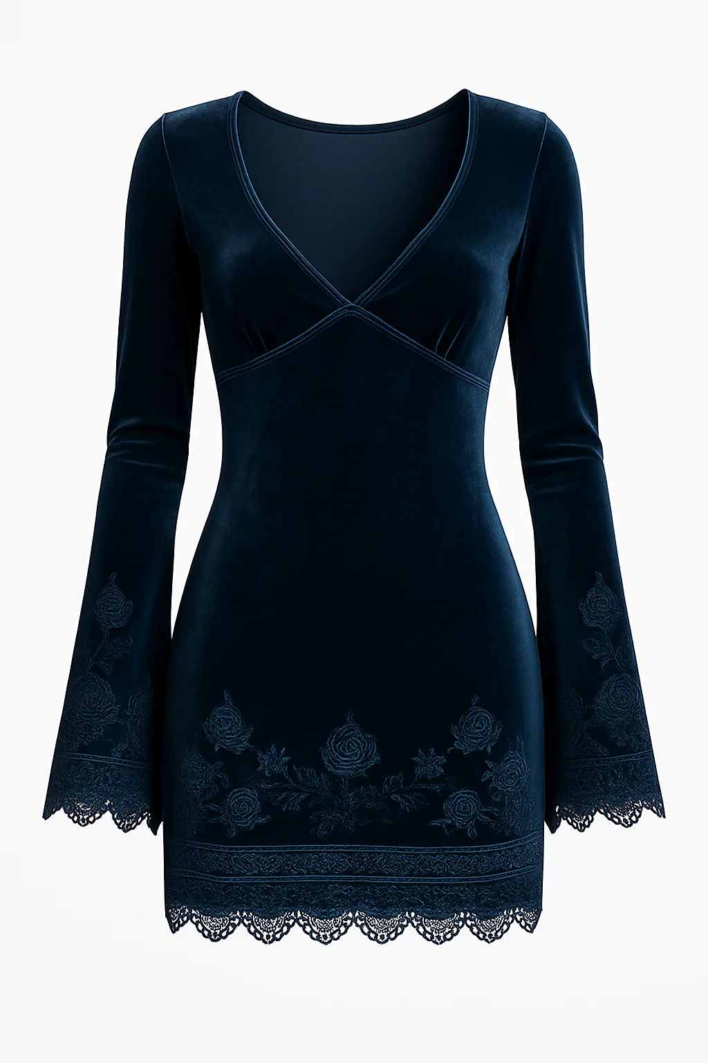 Embroidery Bell Sleeves Velvet Dress With Lace Trim - Image 6