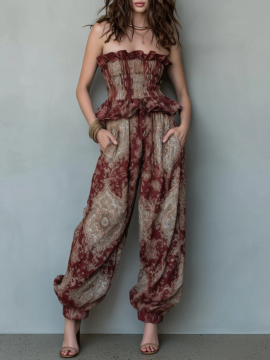 Ethnic-Style Shirred Bandeau Top & Balloon Pants Set