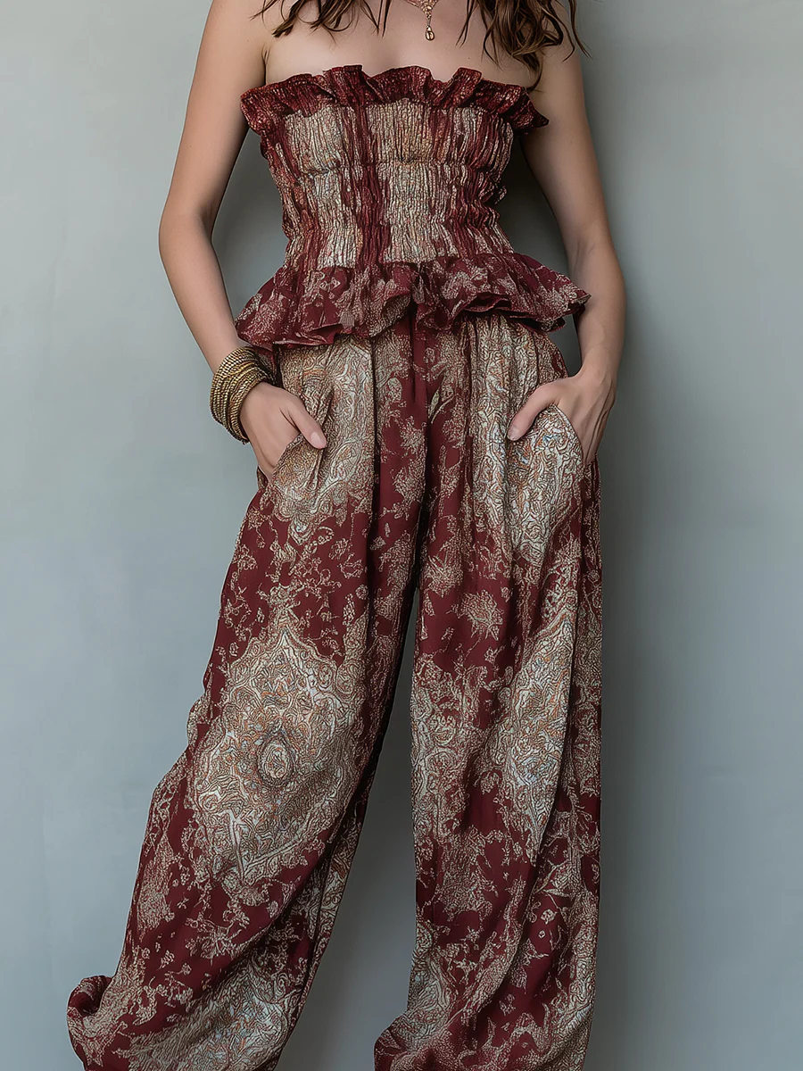 Ethnic-Style Shirred Bandeau Top & Balloon Pants Set - Image 2