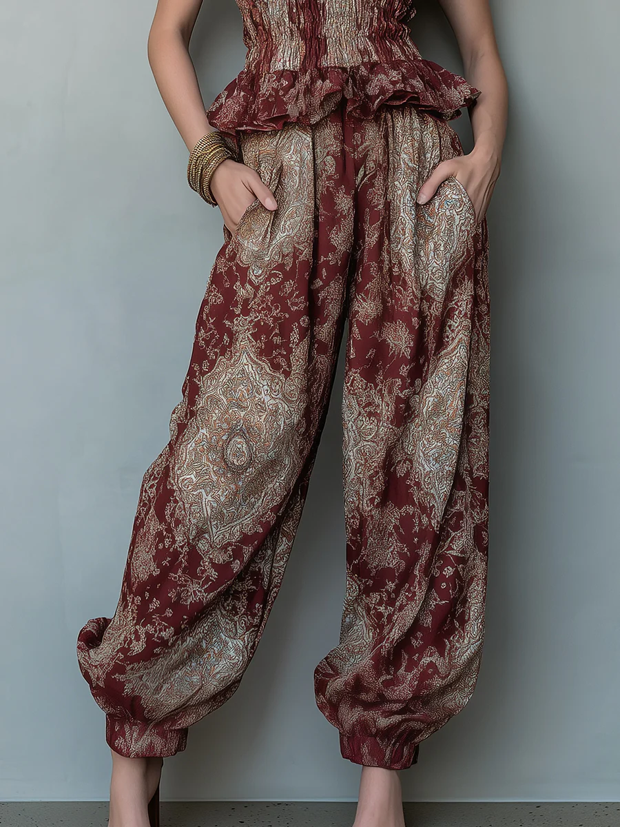 Ethnic-Style Shirred Bandeau Top & Balloon Pants Set - Image 3