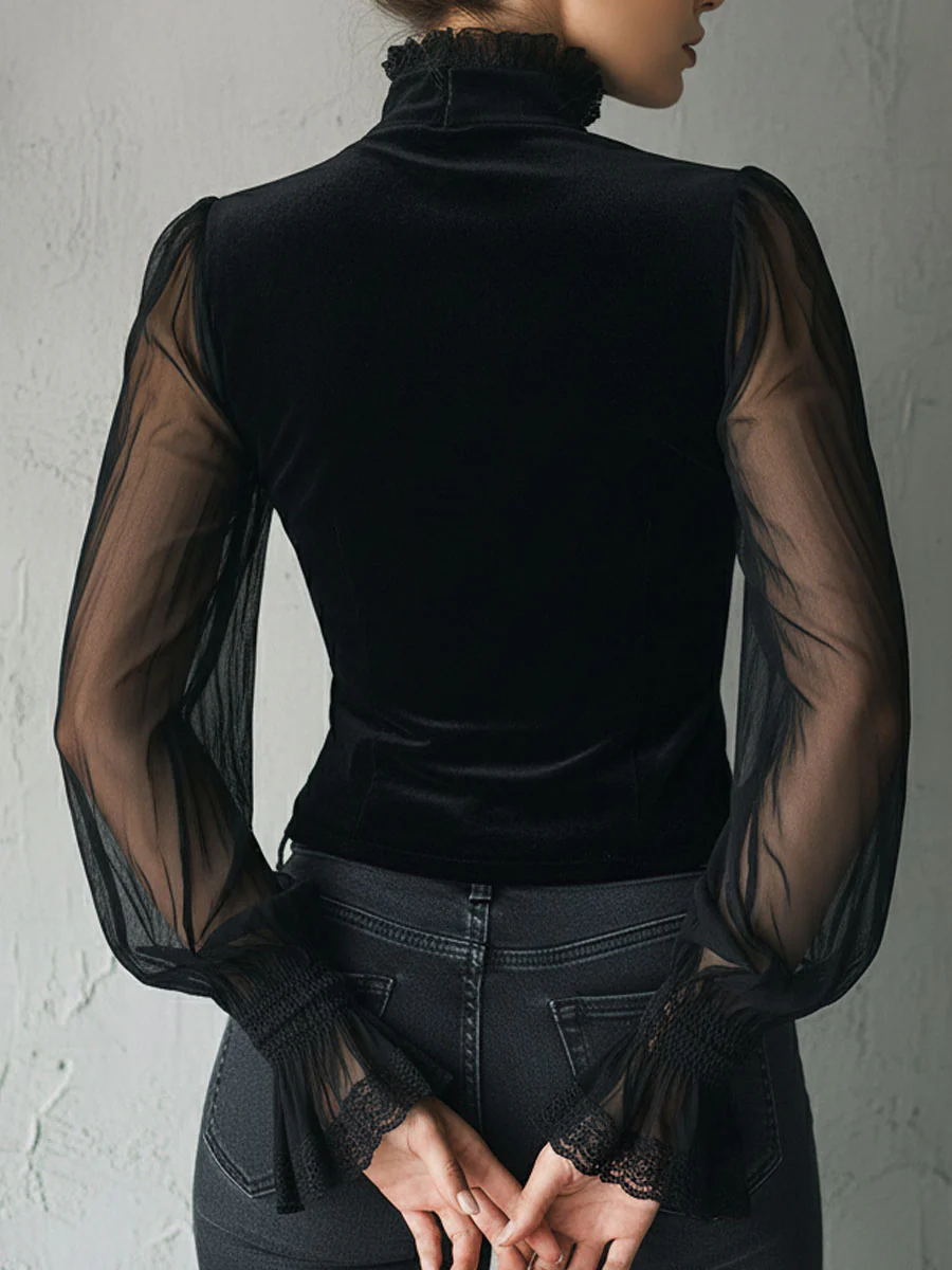 Gothic Lace Trim Black Velvet Corset Blouse With Sheer Sleeves - Image 12
