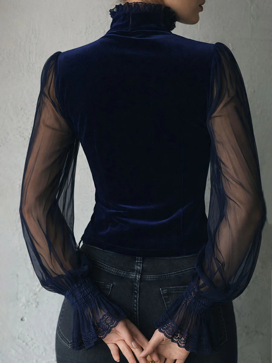Gothic Lace Trim Black Velvet Corset Blouse With Sheer Sleeves - Image 14