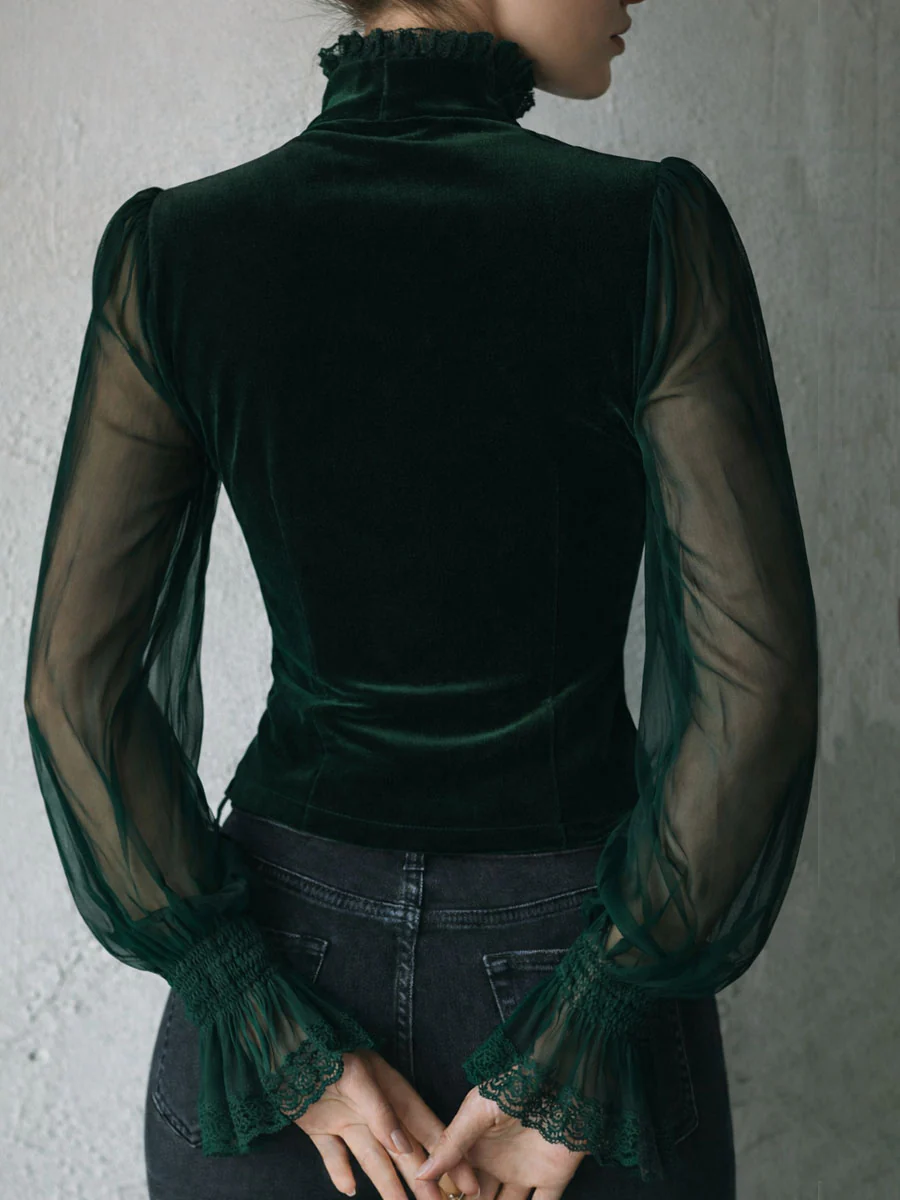 Gothic Lace Trim Black Velvet Corset Blouse With Sheer Sleeves - Image 16