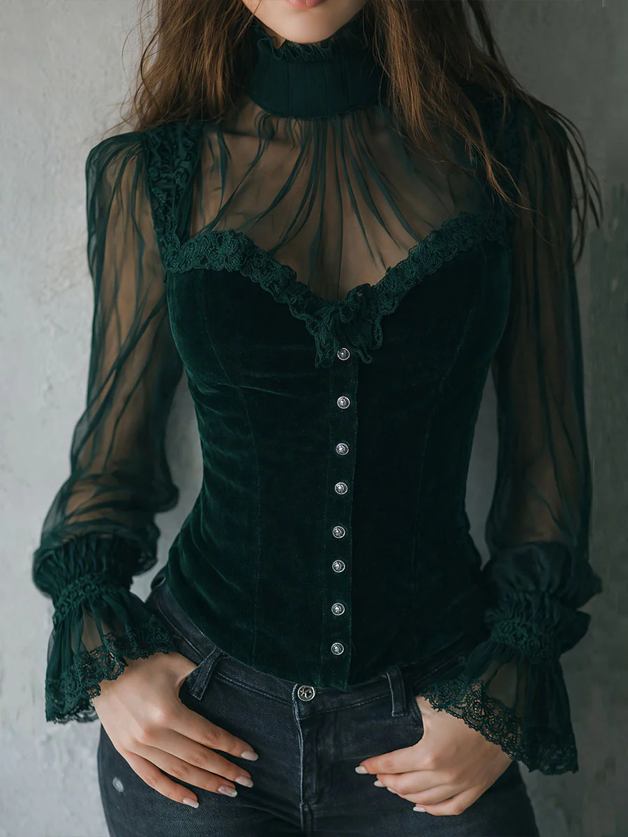Gothic Lace Trim Black Velvet Corset Blouse With Sheer Sleeves - Image 4