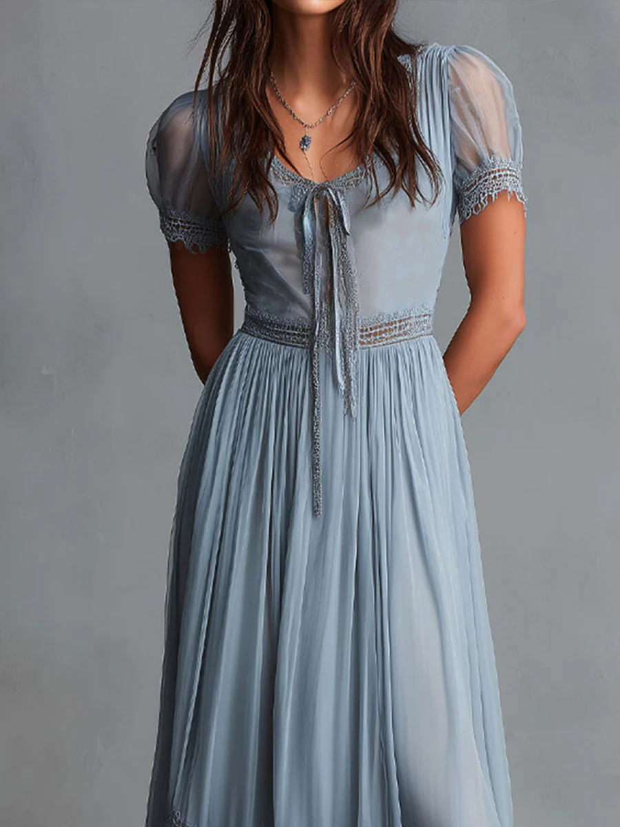 Grace Dusty Blue Lace-Trimmed Chiffon Midi Dress - Image 2