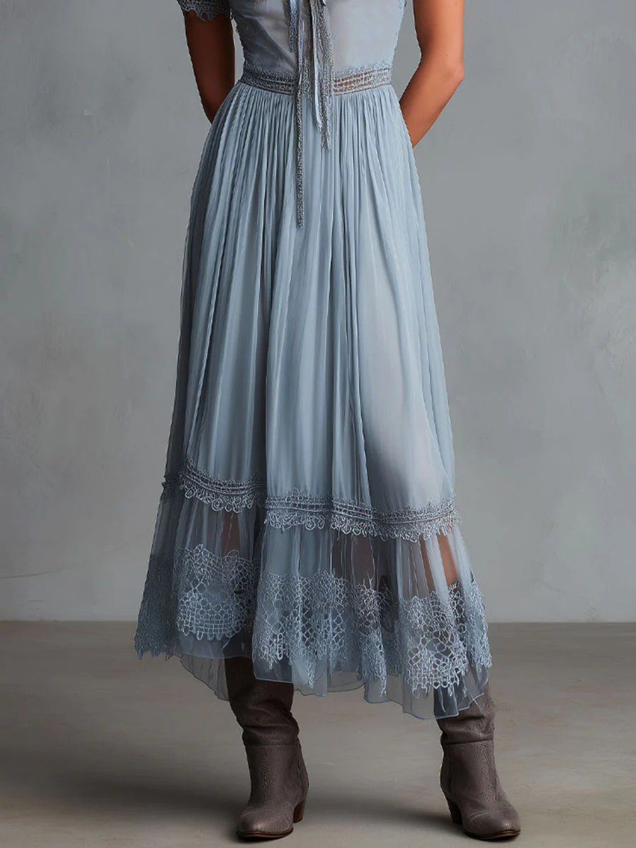 Grace Dusty Blue Lace-Trimmed Chiffon Midi Dress - Image 3