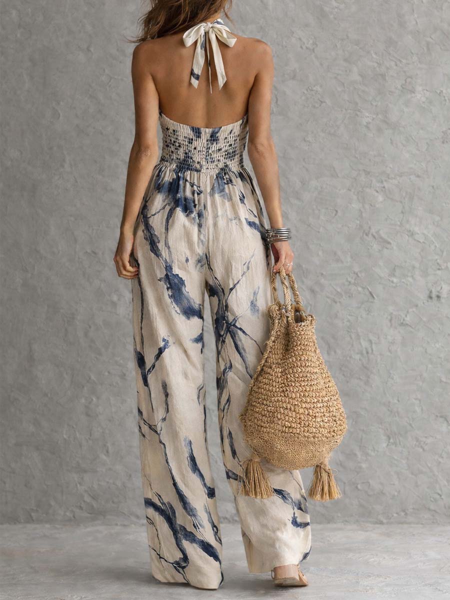 Halter Neck Ink Wash Print Wide Leg Jumpsuit With Pockets - Image 3