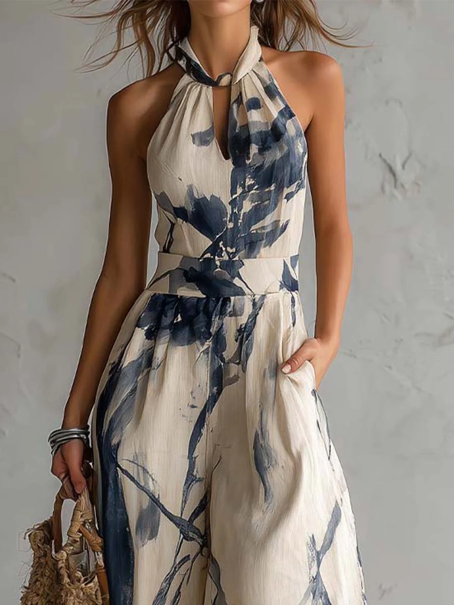 Halter Neck Ink Wash Print Wide Leg Jumpsuit With Pockets - Image 4