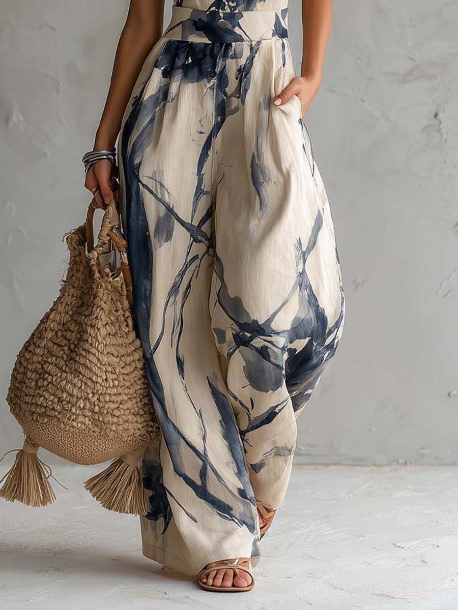 Halter Neck Ink Wash Print Wide Leg Jumpsuit With Pockets - Image 5