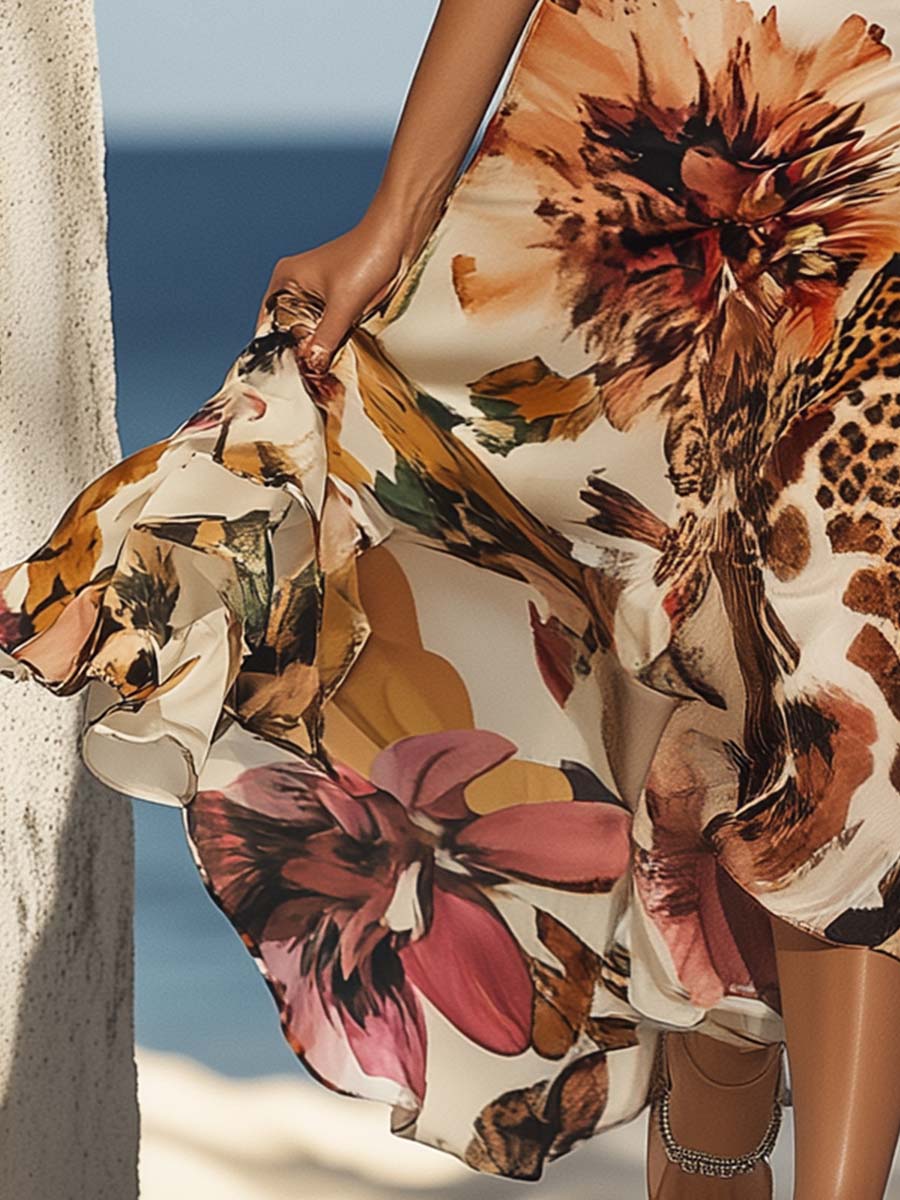 Halter Neck Leopard and Floral Print Midi Dress - Image 4