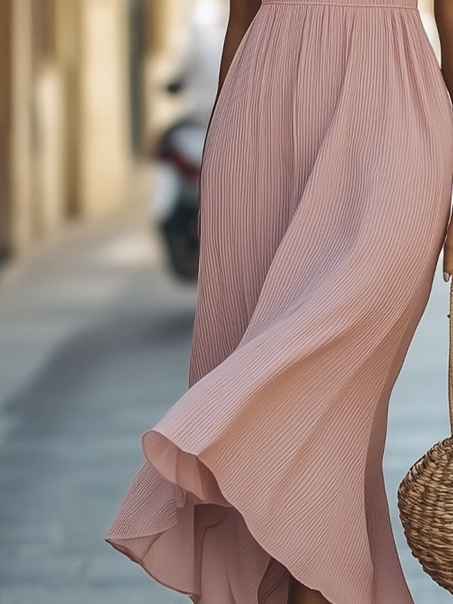 Halter Neck Waist Gathers Pleated Maxi Dress - Image 8