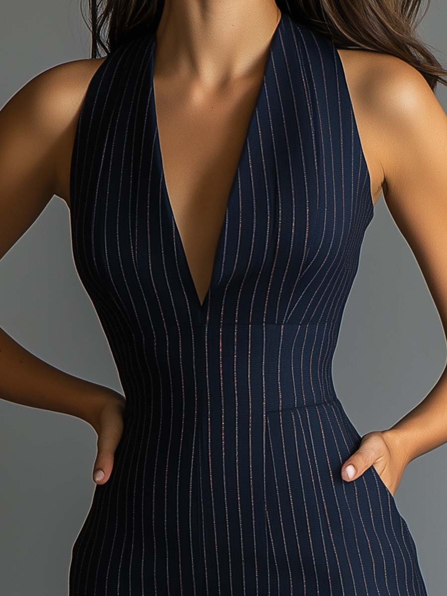 Halter Pinstripe V - neck Bodycon Dress - Image 4
