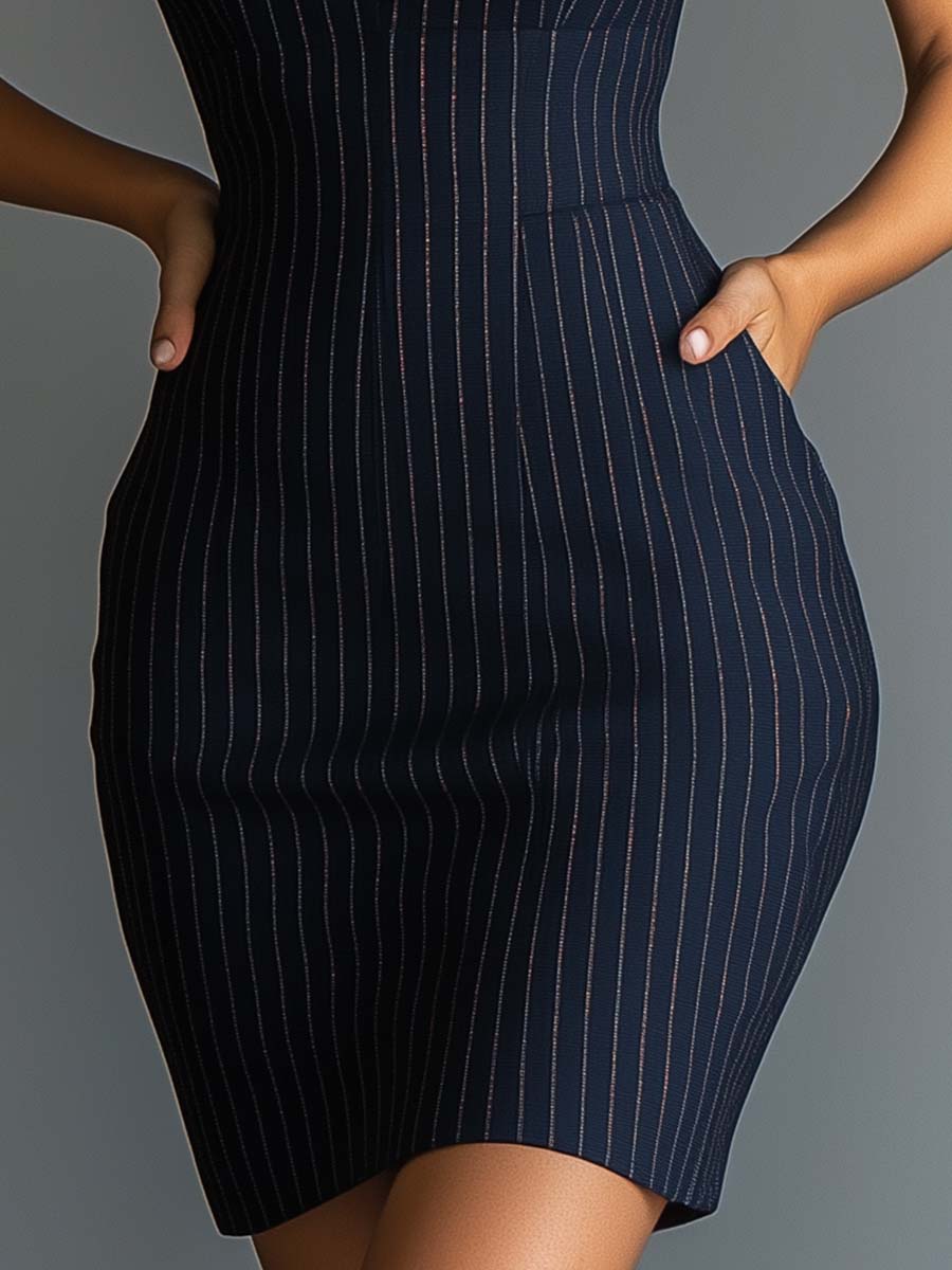 Halter Pinstripe V - neck Bodycon Dress - Image 5