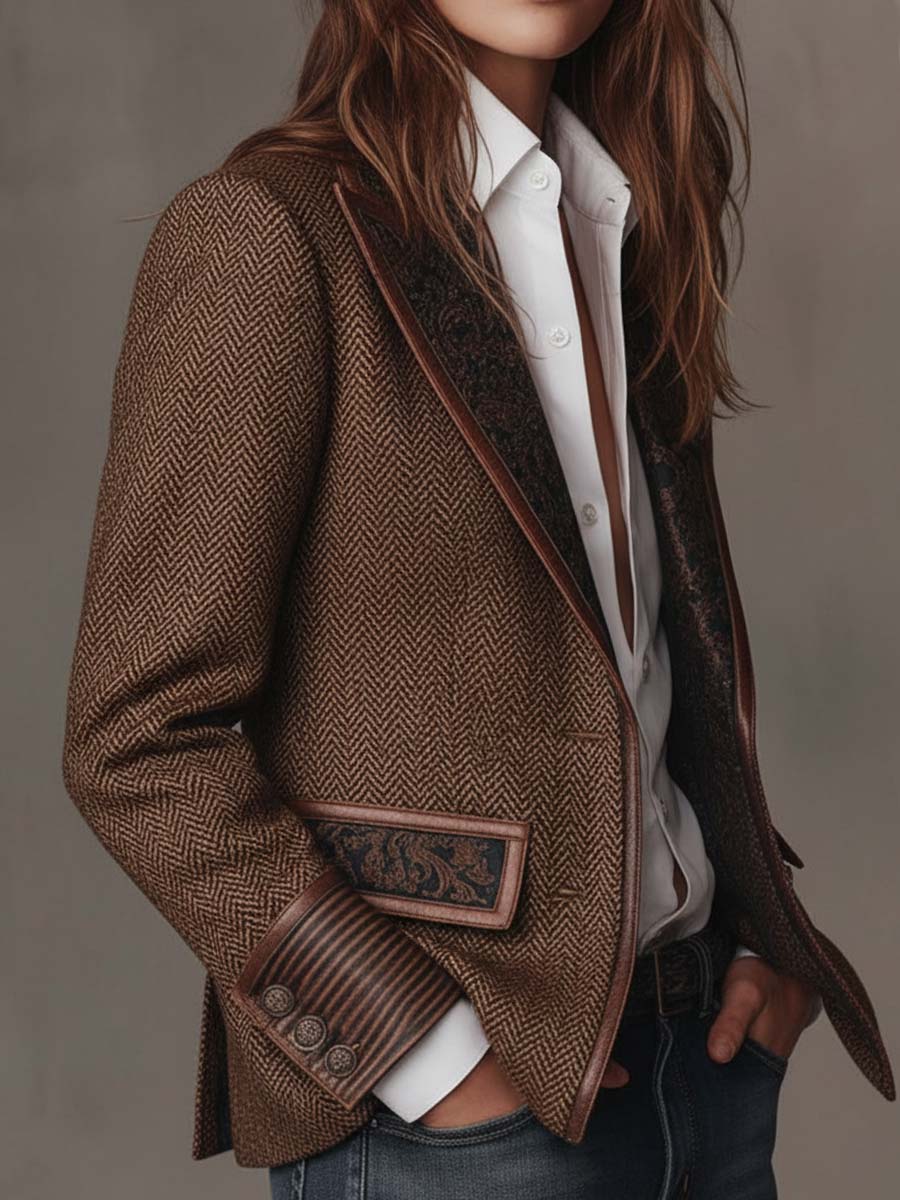 Herringbone Tweed Blazer With Printed Panels - Image 9