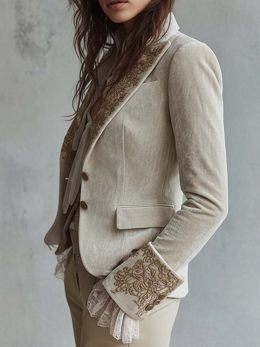 Ivory Velvet Embroidered Blazer With Lace Cuffs - Image 2