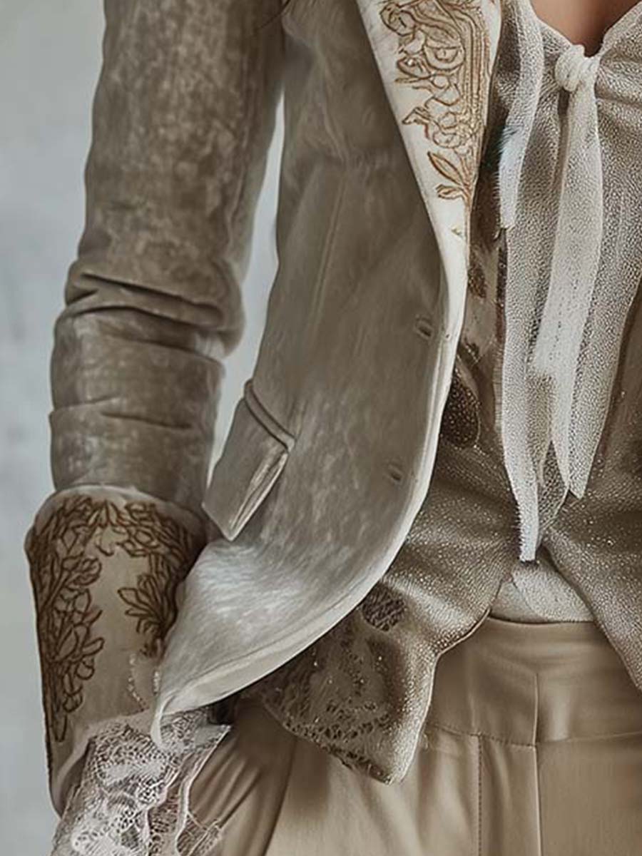 Ivory Velvet Embroidered Blazer With Lace Cuffs - Image 3