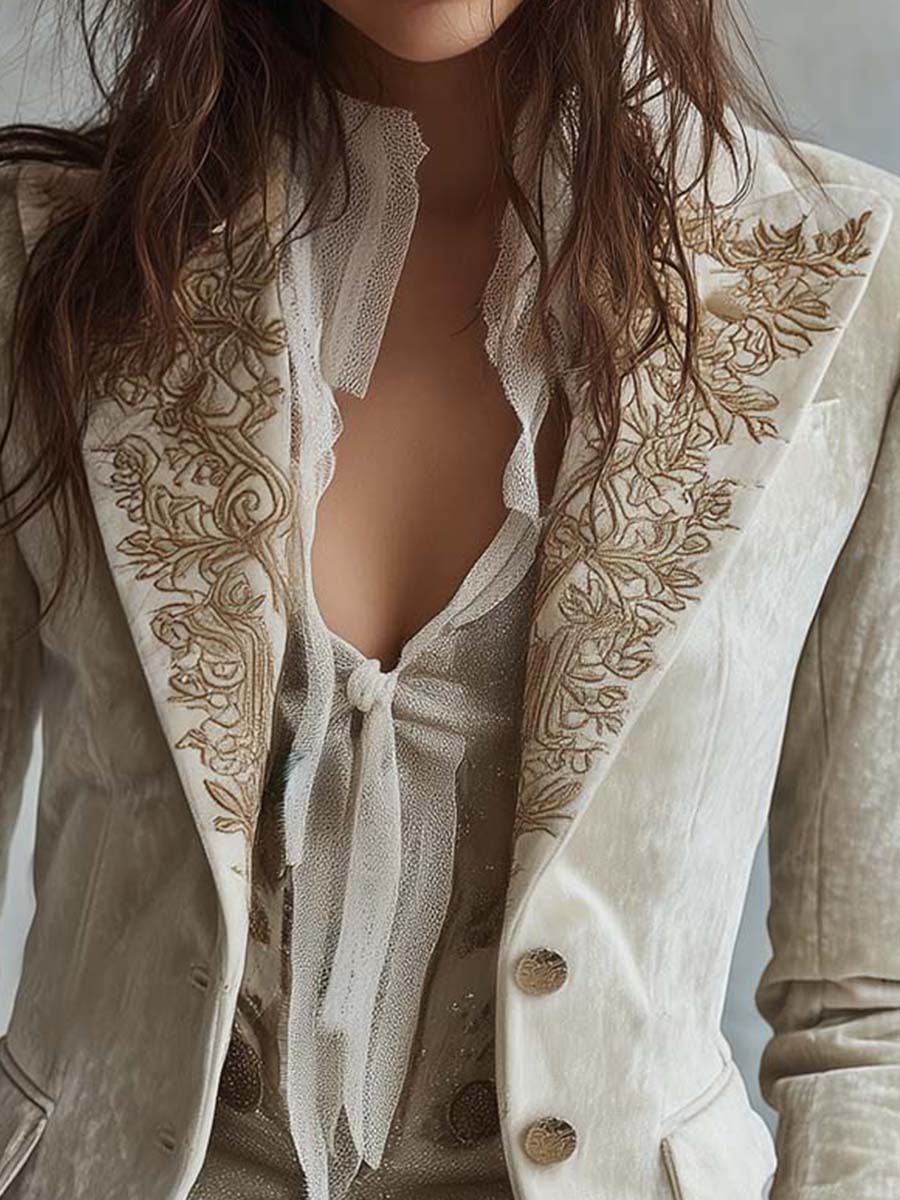 Ivory Velvet Embroidered Blazer With Lace Cuffs - Image 4