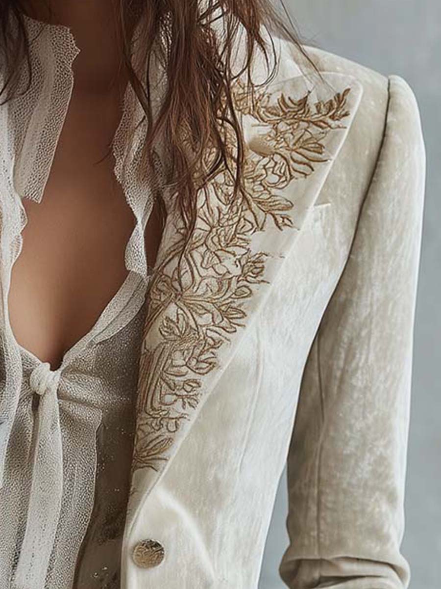 Ivory Velvet Embroidered Blazer With Lace Cuffs - Image 5