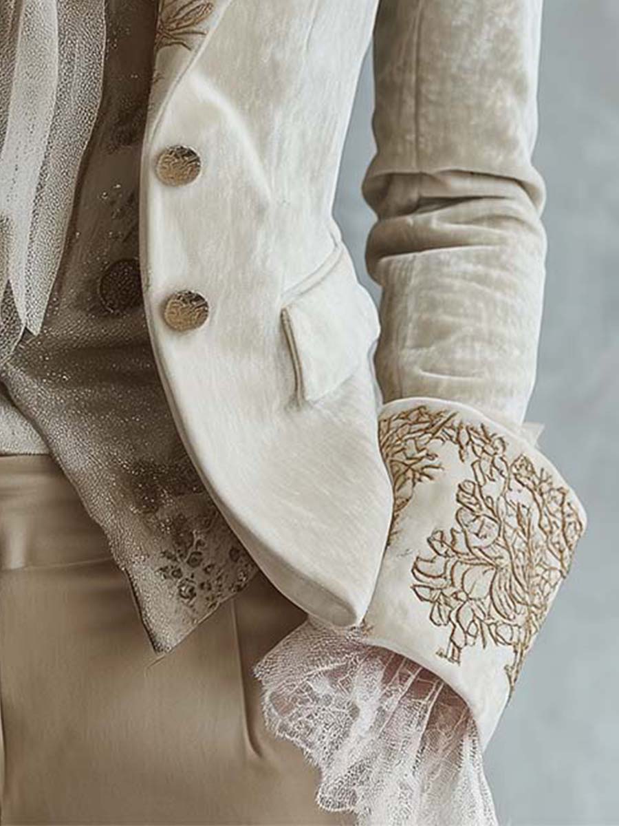 Ivory Velvet Embroidered Blazer With Lace Cuffs - Image 6