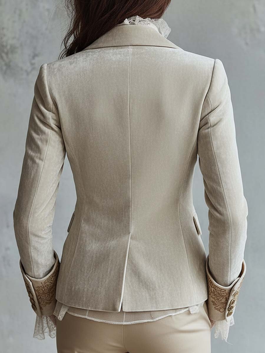 Ivory Velvet Embroidered Blazer With Lace Cuffs - Image 7