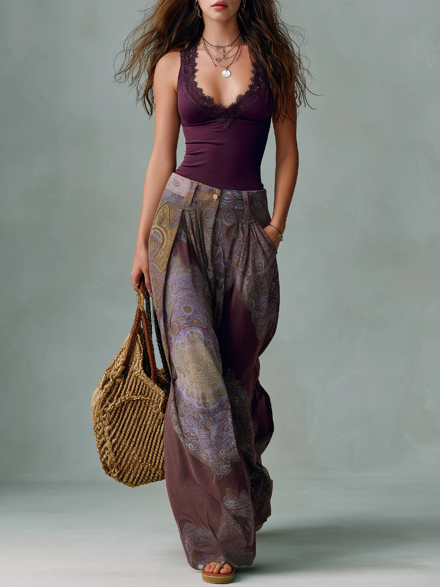 Lace-Trimmed Vest & Tribal-Print Wide-Leg Pants Set