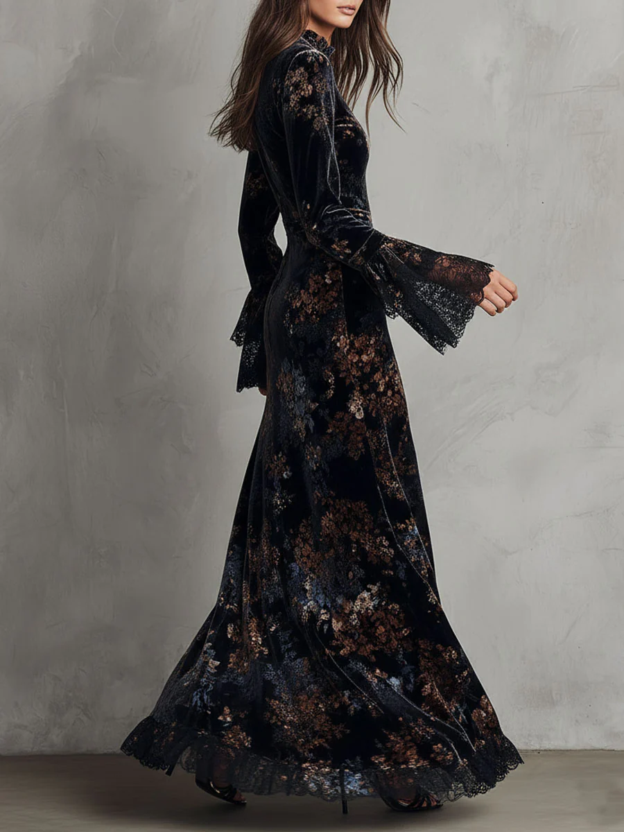 Midnight Floral Velvet Flowing Gown With Lace-Trim Bell Sleeves - Image 3