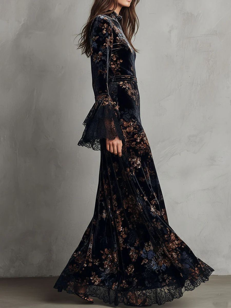 Midnight Floral Velvet Flowing Gown With Lace-Trim Bell Sleeves - Image 4