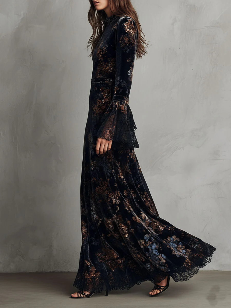 Midnight Floral Velvet Flowing Gown With Lace-Trim Bell Sleeves - Image 5