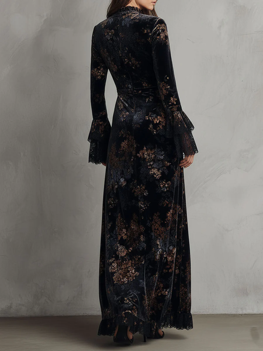 Midnight Floral Velvet Flowing Gown With Lace-Trim Bell Sleeves - Image 6
