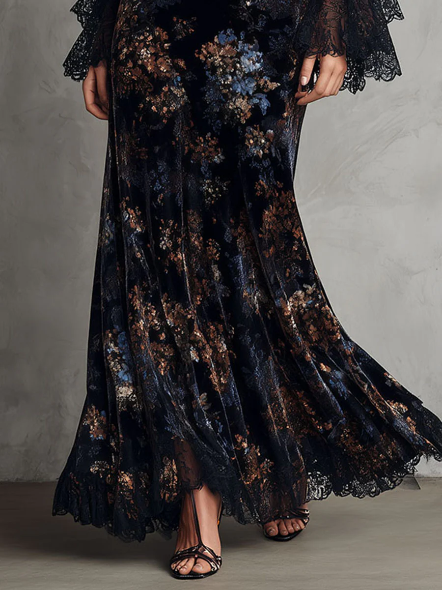 Midnight Floral Velvet Flowing Gown With Lace-Trim Bell Sleeves - Image 8