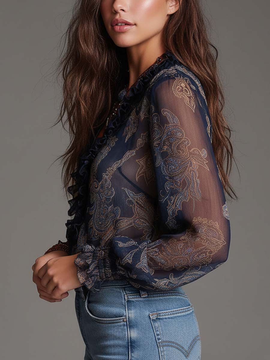 Navy Baroque Paisley Ruffle Zip Chiffon Blouse - Image 3