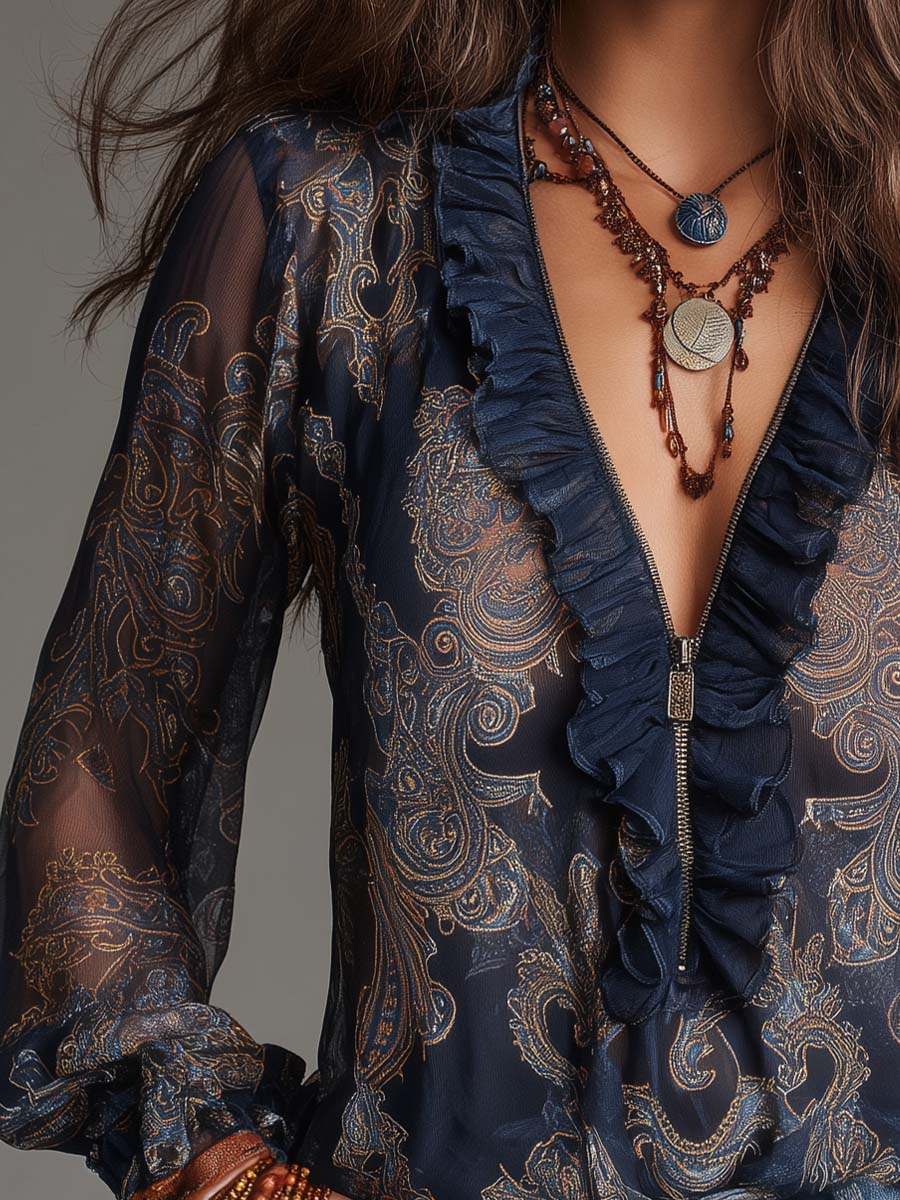 Navy Baroque Paisley Ruffle Zip Chiffon Blouse - Image 5