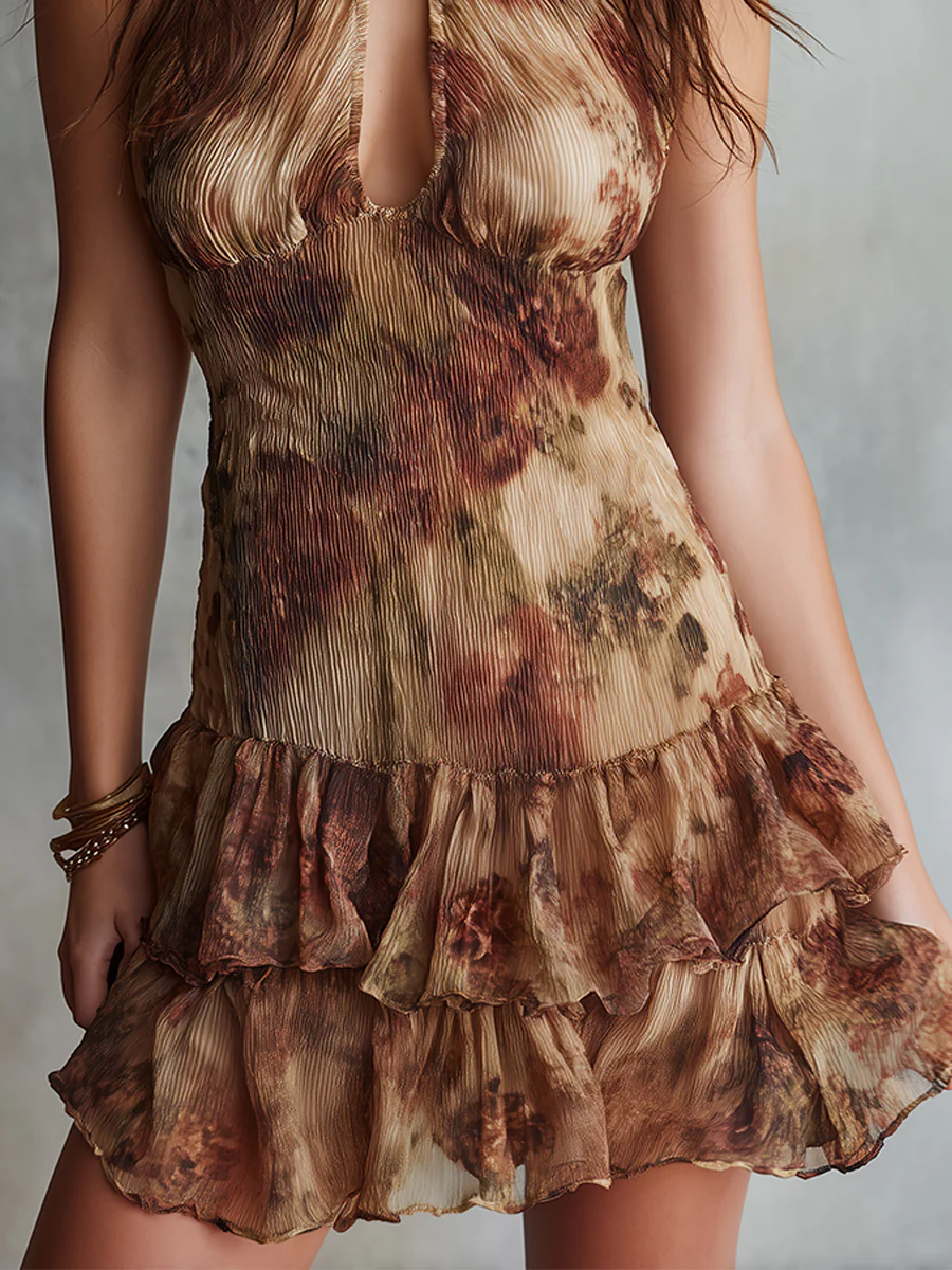 Oil Painting Floral Print Crinkled Chiffon Layered Ruffle Mini Dress - Image 3