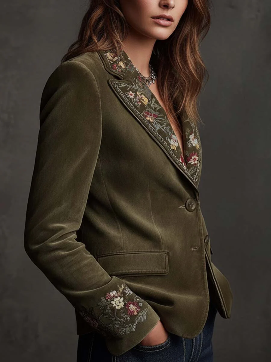 Olive Green Velvet Blazer With Intricate Floral Embroidery - Image 2